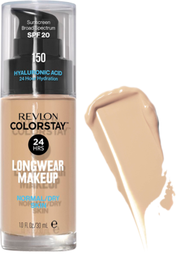 Revlon Colorstay Longwear Makeup 150, beżowy podkład z SPF 20 i kwasem hialuronowym, widok butelki i próbki.