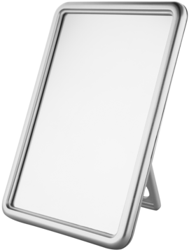 Srebrne, prostokątne lusterko stołowe z zaokrąglonymi rogami, widok z przodu pod kątem, z widoczną nóżką.