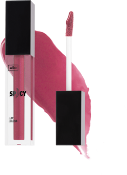 Błyszczyk Wibo Spicy nr 18 w różowym odcieniu, powiększający usta, z aplikatorem i mieniącym się swatche’em.