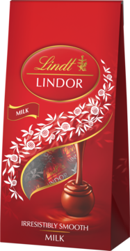 Czerwone opakowanie Lindt Lindor Milk, stojące, z okienkiem ukazującym mleczną pralinę i roztopioną czekoladę.