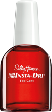 Czerwony lakier Sally Hansen Insta-Dri Top Coat w butelce z białą nakrętką, widok z przodu.