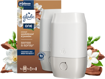 Glade Sense & Spray automatyczny odświeżacz, drzewo sandałowe i jaśmin. Dwa białe, prążkowane dyfuzory i pudełko.