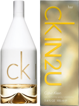 Woda toaletowa Calvin Klein CK IN2U dla kobiet, biała butelka ze złotym logo obok opakowania 100ml.