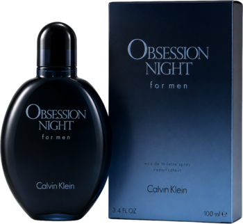 Ciemnoniebieskie perfumy Calvin Klein Obsession Night for Men w owalnej butelce z pudełkiem, widok z przodu.