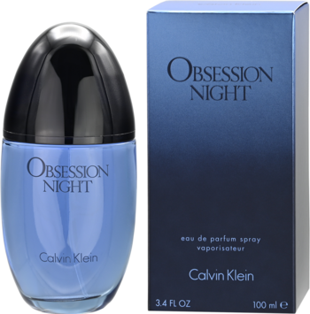 Obsession Night Woman Calvin Klein EDP, niebieska butelka i pudełko obok siebie na jasnym tle.