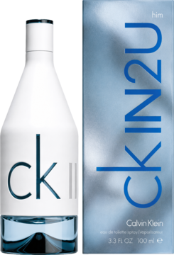 CK IN2U woda toaletowa 100ml dla mężczyzn: elegancka biała butelka i błękitne opakowanie z logo CK.