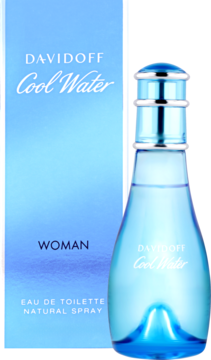 Davidoff Cool Water Woman damska woda toaletowa w błękitnej butelce obok opakowania, widok z przodu.