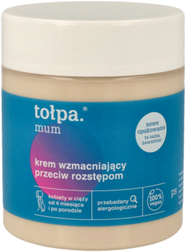 Tołpa Mum krem wzmacniający przeciw rozstępom dla kobiet w ciąży, biały słoik, widok z przodu.