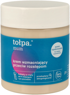 Tołpa Mum krem wzmacniający przeciw rozstępom dla kobiet w ciąży, biały słoik, widok z przodu.