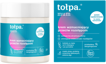 Tołpa Mum krem wzmacniający przeciw rozstępom, biały słoik z turkusową etykietą i pudełko, widok z przodu.