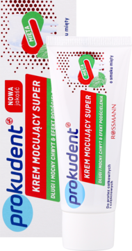 Krem mocujący Prokudent Super do protez, biała tubka z czerwonym napisem i zielonym listkiem mięty, z przodu.
