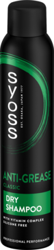 Syoss Anti-Grease Dry Shampoo Classic, czarna butelka z zielonymi detalami, frontalny widok z przodu.