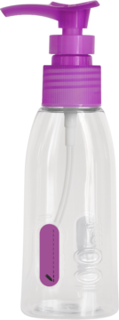 Przezroczysta butelka 100 ml z fioletową pompką, widok z boku. Idealna na kosmetyki do bagażu podręcznego.