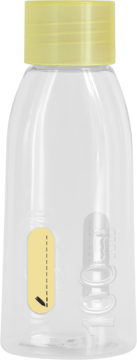 Plastikowa butelka na kosmetyki 100ml z żółtą zakrętką, pionowy widok z przodu, travel size.