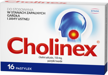 Cholinex, białe opakowanie na gardło z czerwoną nazwą, grafiką głowy i napisem 16 pastylek, widok z przodu.