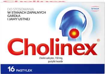 Białe opakowanie Cholinex 16 pastylek na stany zapalne gardła i jamy ustnej, z czerwonym logo, front.