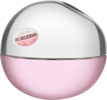 DKNY Be Delicious Fresh Blossom, woda perfumowana w różowo-srebrnym, jabłkowym flakonie, z przodu.