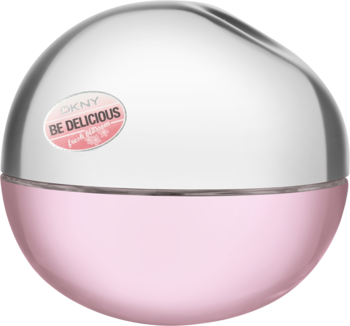 DKNY Be Delicious Fresh Blossom, woda perfumowana w różowo-srebrnym, jabłkowym flakonie, z przodu.