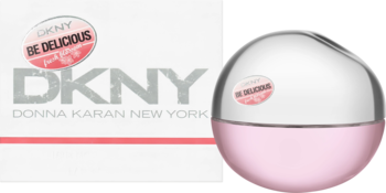 DKNY Be Delicious Fresh Blossom EDP, różowy flakon i białe opakowanie z logo, widok z przodu.