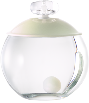 Kwiatowo-drzewna woda Noa Cacharel w kulistej butelce z przezroczystego szkła, z perłą i jasnym korkiem.