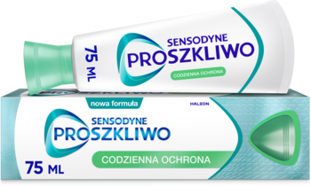 Sensodyne ProSzkliwo, biało-zielona tuba 75 ml nad pudełkiem. Pasta na szkliwo, codzienna ochrona przed kwasami.