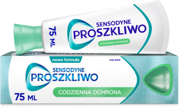 Sensodyne ProSzkliwo, biało-zielona tuba 75 ml nad pudełkiem. Pasta na szkliwo, codzienna ochrona przed kwasami.