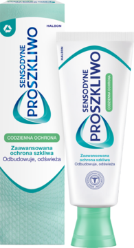Pasta Sensodyne ProSzkliwo, biała tubka z zieloną nakrętką i kartonik. Ochrona szkliwa, widok z przodu.
