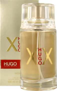 Złota butelka Hugo Boss XX woda toaletowa 100ml z dużym napisem XX, stojąca przed jej złotym opakowaniem.