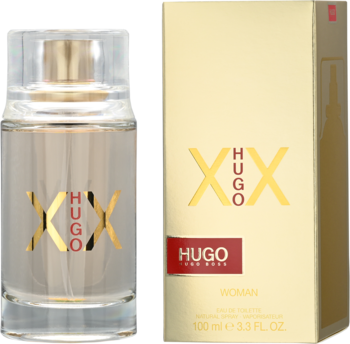 Hugo Boss XX woda toaletowa dla kobiet, przezroczysta butelka z logo i złote opakowanie, kwiatowo-owocowy zapach.