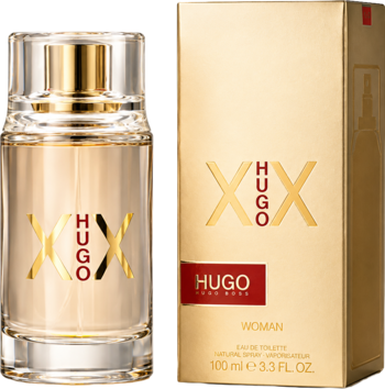 Złocista butelka Hugo Boss XX woda toaletowa dla kobiet 100ml i złote pudełko z logo, widok z przodu na białym tle.