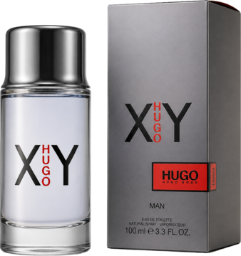 Hugo Boss XY woda toaletowa męska. Przezroczysta butelka obok ciemnego opakowania z czerwono-czarnym logo.
