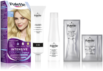 Schwarzkopf Palette Intensive Color Creme 0-00 Lightener: purple box with blonde model, white tubes, silver sachets.