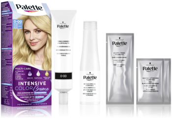Schwarzkopf Palette Intensive Color Creme 0-00 Lightener: purple box with blonde model, white tubes, silver sachets.