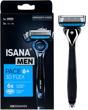 ISANA MEN PACE 6+ 3D FLEX maszynka i opakowanie. Czarno-niebieska, 6 ostrzy, system 3D Flex, ergonomiczny.