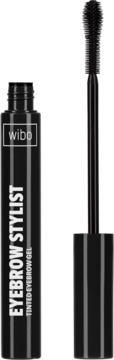 Wibo Eyebrow Stylist Tinted Eyebrow Gel, black bottle open with brush extended, front view.