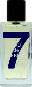 Iceberg Eau de Iceberg, prostokątna butelka wody toaletowej z czarną nakrętką, duża niebieska cyfra 7.