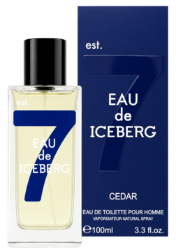 Iceberg Eau de Iceberg Cedar EDT dla mężczyzn, flakon i pudełko z dużym niebieskim "7", widok z przodu.
