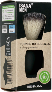 Isana Men pędzel do golenia ze sztucznym włosiem w brązowym, ekologicznym opakowaniu, widok z przodu.