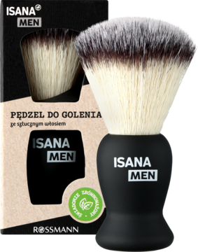Pędzel do golenia Isana Men: czarna rączka, jasne sztuczne włosie, brązowe opakowanie z logo, widok z przodu.