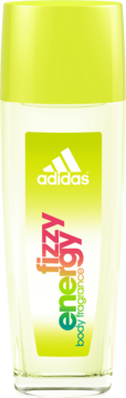 Przezroczysta butelka Adidas Fizzy Energy body fragrance z jaskrawozielonym korkiem i kolorowym napisem, widok z przodu.