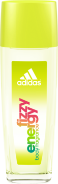 Przezroczysta butelka Adidas Fizzy Energy body fragrance z jaskrawozielonym korkiem i kolorowym napisem, widok z przodu.
