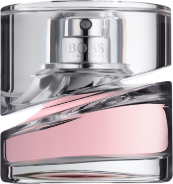 Woda perfumowana Hugo Boss Femme w unikalnej, skręconej butelce z jasnoróżowym płynem, srebrny atomizer.
