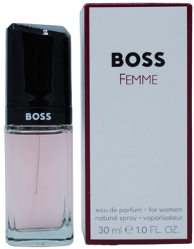 BOSS FEMME 30ml woda perfumowana, różowy płyn w szklanej butelce z czarną nakrętką i białe pudełko, widok z przodu.