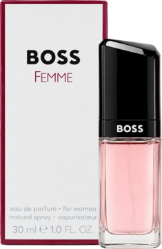 Woda perfumowana Hugo Boss Femme dla kobiet, różowa butelka i białe pudełko 30 ml, widok z przodu.