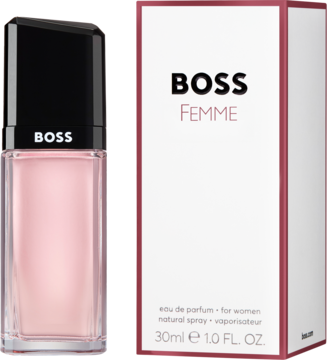 Hugo Boss Femme woda perfumowana, różowa butelka z czarnym korkiem i białe pudełko z czerwoną ramką, widok z przodu.