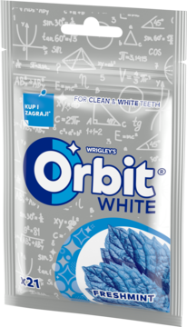 Orbit White Freshmint guma do żucia, 21 sztuk. Srebrne opakowanie z miętą, widok z przodu, dla czystych i białych zębów.