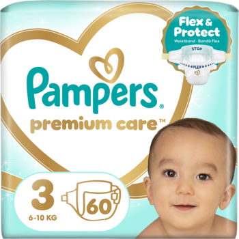 Turkusowe opakowanie pieluszek Pampers Premium Care 3 (6-10 KG), 60 sztuk. Złote serce, dziecko, Flex & Protect.