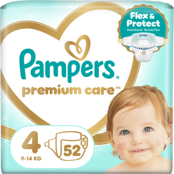 Opakowanie Pampers Premium Care pieluszki rozmiar 4 (9-14 KG), 52 sztuki, z uśmiechniętym dzieckiem.