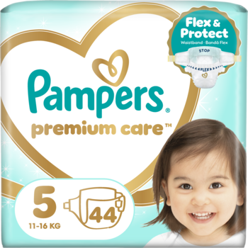 Pampers Premium Care pieluchy r. 5 (11-16kg), 44 szt., niebiesko-złote opakowanie z dzieckiem.