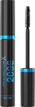 Max Factor 2000 Calorie, czarny pogrubiający tusz do rzęs. Wodoodporna tuba z błękitnym akcentem i otwarta szczoteczka.